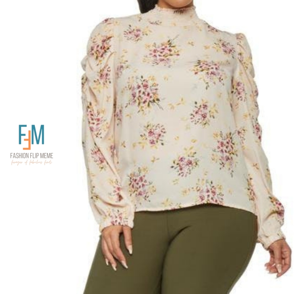 Like An Angel Floral Long Puff-Sleeve Mock Neck Blouse 1X 2X 3X New!
